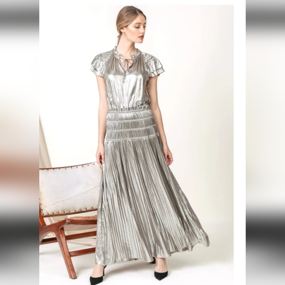 Anthropologie CURRENT AIR Silver Metallic Drop Waist Maxi Dress. Size L NWT - Picture 2 of 10
